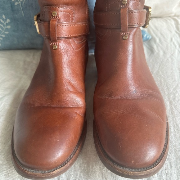Tory Burch Chestnut Brown Leather Knee Boots with Gold Logo - Picture 5 of 11